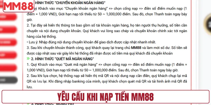 Yêu cầu khi nạp tiền MM88